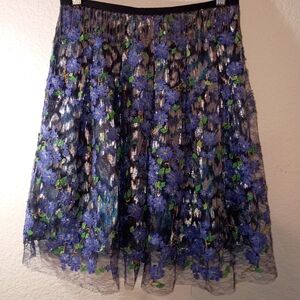 ELIE TAHARI Sheer Floral Skirt Silver Leopard Print Green Blue Black White sz 2
